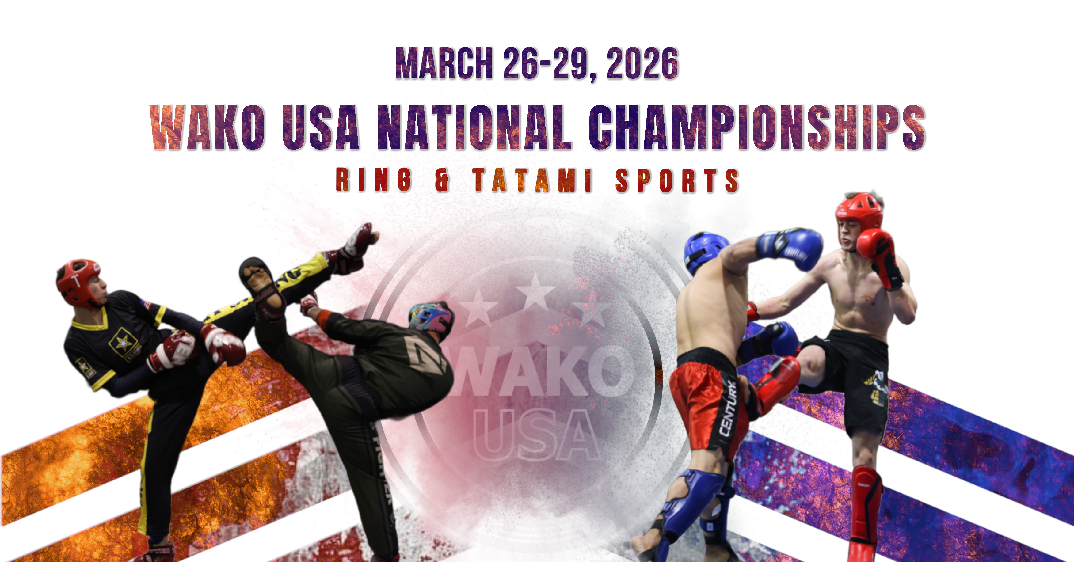 Official WAKO USA 2026 National Kickboxing Championships event cover — fighters in action with WAKO USA logo